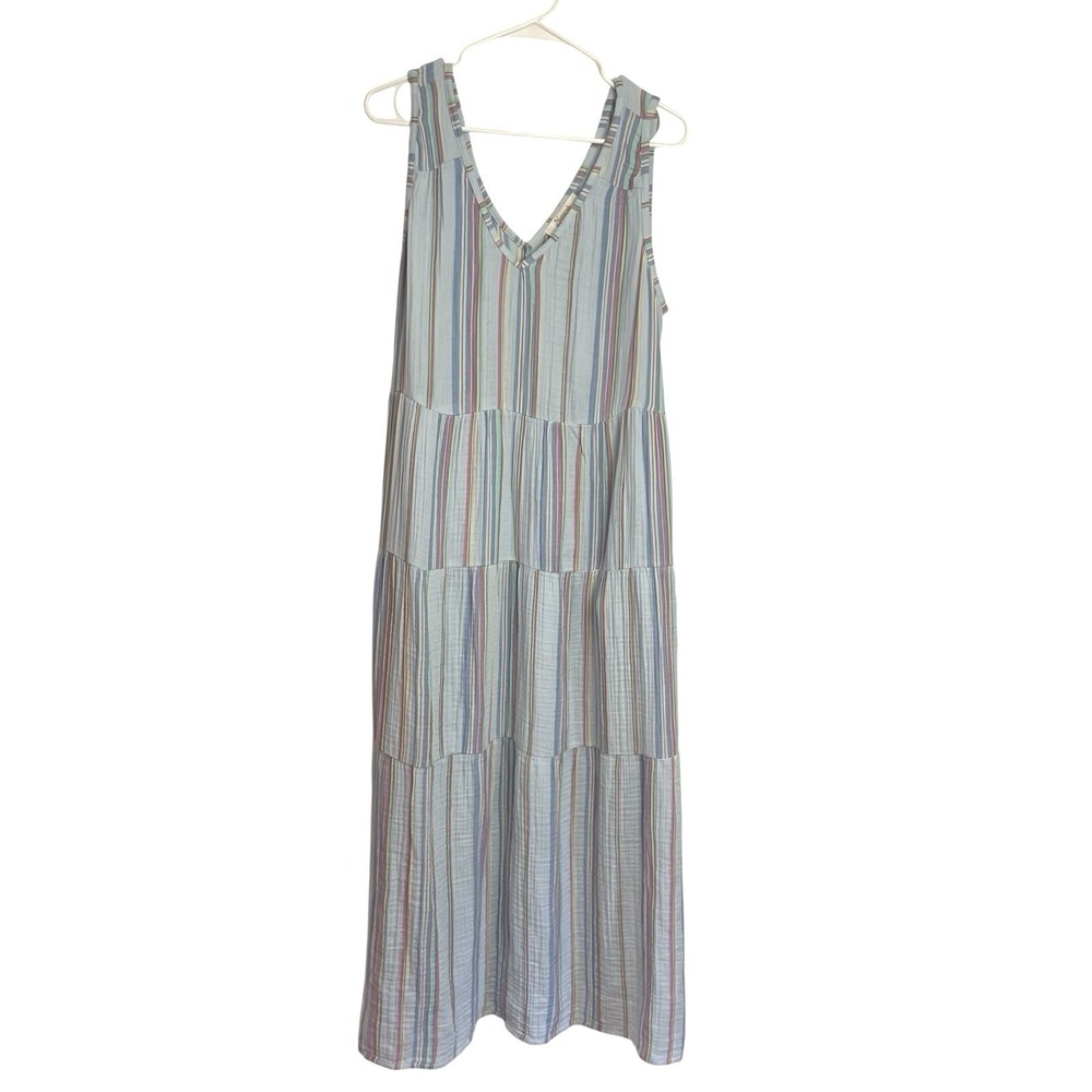 Natural Reflections Womens Gauze Tiered Maxi Dress Size L Pastel Stripe V Neck - Picture 2 of 9